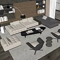 Modern Living Room Sofa Coffee Table Set With Bookshelves Floor Lamp And Armchairs