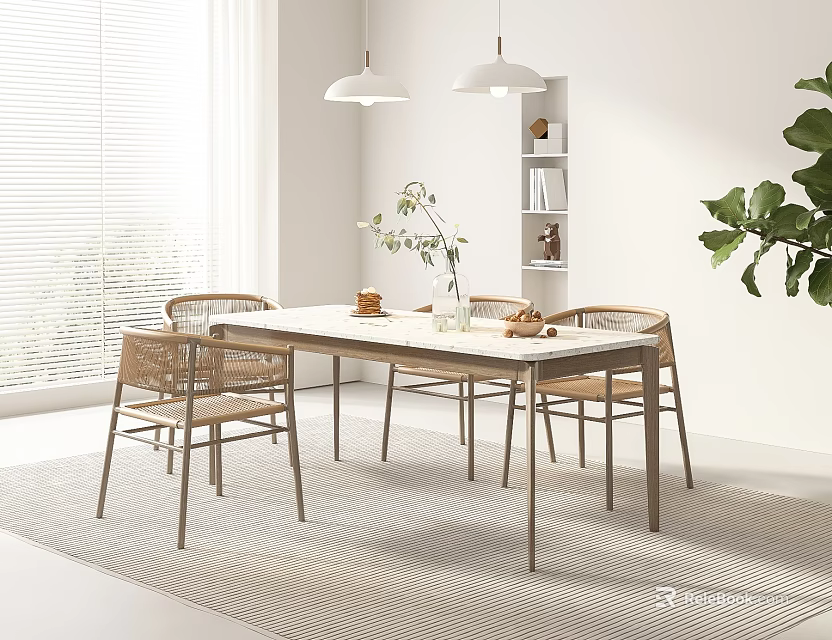 Wooden Dining Table Set With Woven Chairs Pendant Lights And Green Plant In Bright Room 3d model 