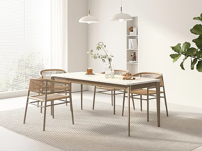 Wooden Dining Table Set With Woven Chairs Pendant Lights And Green Plant In Bright Room 3d model