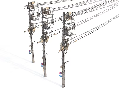 Row Of Public Utility Electric Poles With Power Lines And Equipment 3d model