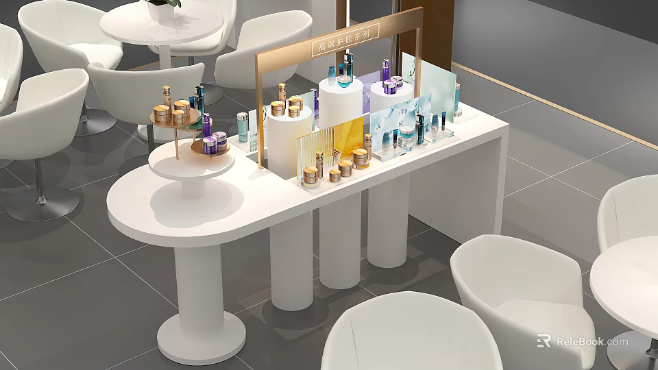 Modern White Cosmetics Display Shelf with Various Beauty Products and Brand Signage 3d model 