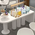 Modern White Cosmetics Display Shelf with Various Beauty Products and Brand Signage