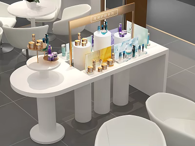 Modern White Cosmetics Display Shelf with Various Beauty Products and Brand Signage 3d model