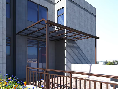 Gray Building Balcony Awning With Metal Frame Transparent Roof And Wooden Railing 3d model