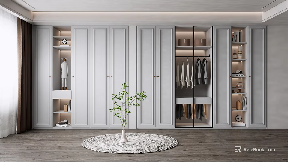 Modern White Wardrobe With Glass Doors Hanging Area Drawers Decorative Plants And Rug 3d model 