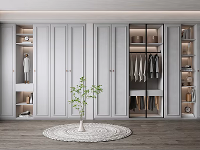 Modern White Wardrobe With Glass Doors Hanging Area Drawers Decorative Plants And Rug 3d model