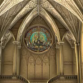 Historic Ancient Architecture Interior Featuring Vaulted Ceiling Stained Glass Window Carved Walls And Staircases