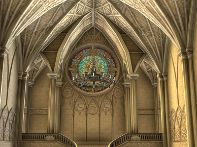Historic Ancient Architecture Interior Featuring Vaulted Ceiling Stained Glass Window Carved Walls And Staircases 3d model