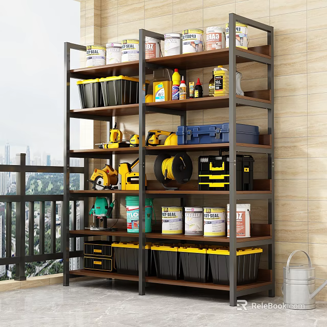Multi Tiered Metal Storage Shelf With Yellow Black Bins Paint Cans And Tools 3d model 