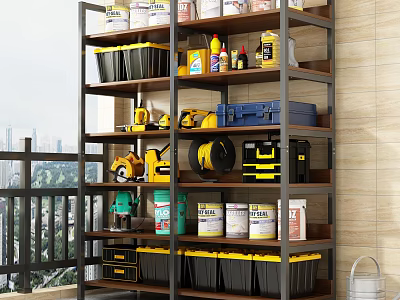 Multi Tiered Metal Storage Shelf With Yellow Black Bins Paint Cans And Tools 3d model