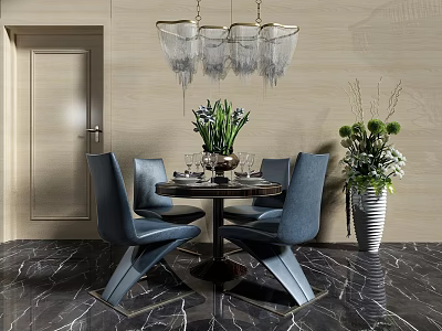 Elegant Restaurant Dining Area with Round Table Blue Chairs Chandelier Plant Decor and Marble Floor 3d model