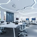 VR Technology Lab Interior With White Tables Chairs Wall Shelves And Large Screen