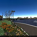 Stunning Dusk Riverside Promenade Landscape With Colorful Blooming Flowers And Beautiful Distant Illuminated City Skyline