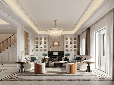 Elegant Modern Dining and Living Room Interior With Chandelier Piano Sofas And Decorative Carpet 3d model