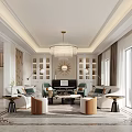 Elegant Modern Dining and Living Room Interior With Chandelier Piano Sofas And Decorative Carpet