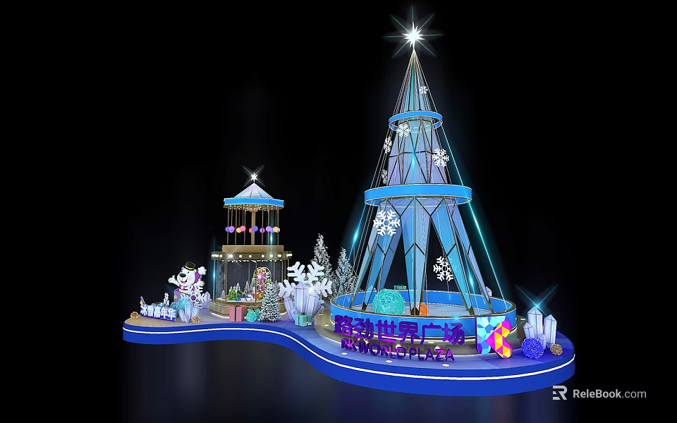 Winter Wonderland Decorative Scene With Illuminated Tower Snowflakes And Pavilion Platform 3d model 