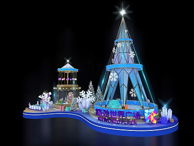 Winter Wonderland Decorative Scene With Illuminated Tower Snowflakes And Pavilion Platform 3d model