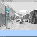 Modern Tech Exhibition Hall Interior With Circular Display Counters Illuminated Edges And Large Screens
