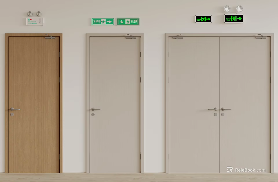 Light Colored Double Doors With Wooden Single Doors And Green Exit Signs On Interior Wall 3d model 