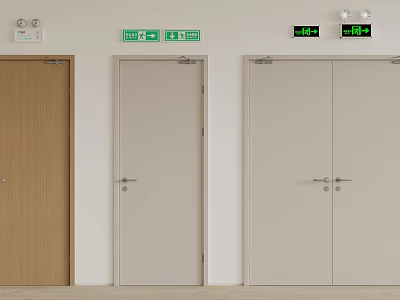 Light Colored Double Doors With Wooden Single Doors And Green Exit Signs On Interior Wall 3d model
