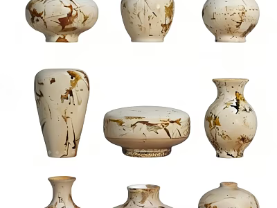 White Ceramic Vessels With Gold Brown Artistic Patterns And Various Shapes 3d model