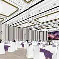 Elegant Banquet Hall with White Tables Purple Decor Square Ceiling and Large Screen 3d model
