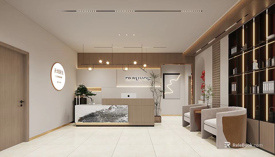 Elegant SPA Sauna Reception Area With Modern Hanging Lights Sofa Chairs And Plants 3d model 