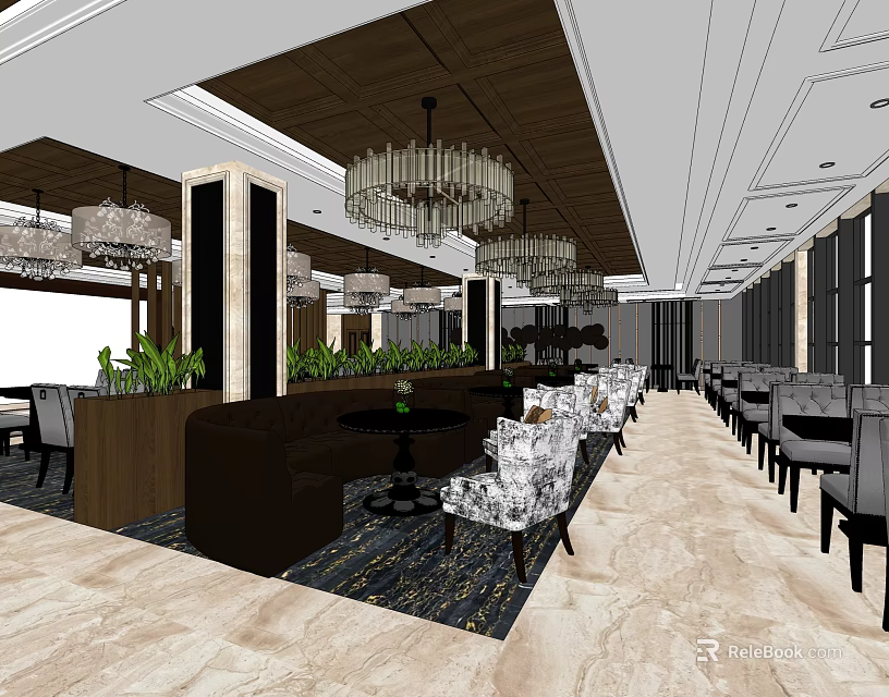 Elegant Restaurant Interior With Chandeliers Seating Area Decorative Plants Columns And Marble Flooring 3d model 