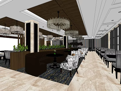 Elegant Restaurant Interior With Chandeliers Seating Area Decorative Plants Columns And Marble Flooring 3d model