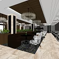 Elegant Restaurant Interior With Chandeliers Seating Area Decorative Plants Columns And Marble Flooring