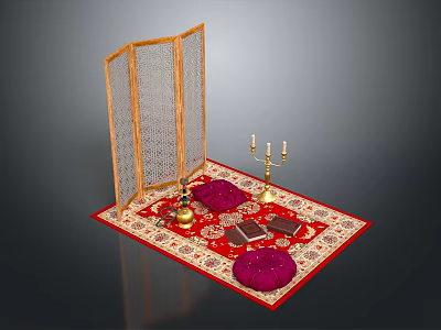 Traditional Room Decor With Wooden Screen Red Rug Cushions Candle Holder And Books 3d model