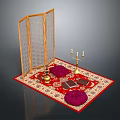 Traditional Room Decor With Wooden Screen Red Rug Cushions Candle Holder And Books