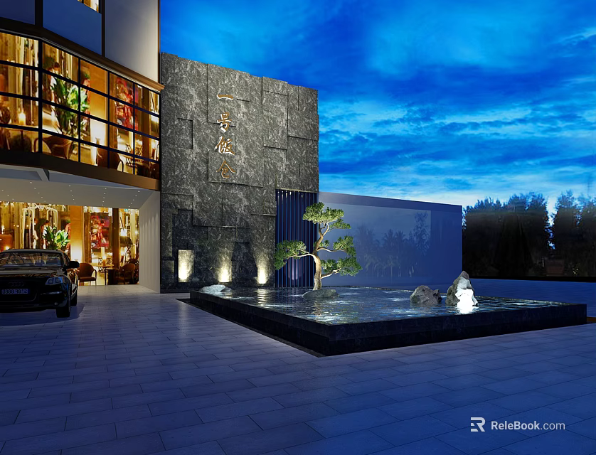 Modern Courtyard Landscape With Stone Wall Water Feature Small Pine Tree And Lighting 3d model 