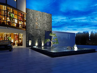 Modern Courtyard Landscape With Stone Wall Water Feature Small Pine Tree And Lighting 3d model