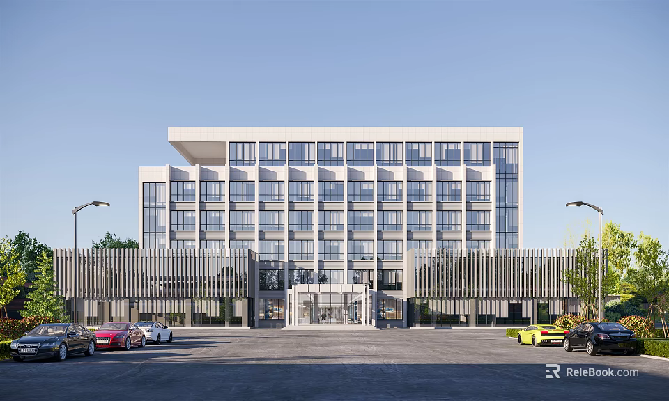 Modern Office Building With Glass Windows Street Lights And Front Parking Lot 3d model 