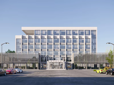Modern Office Building With Glass Windows Street Lights And Front Parking Lot 3d model