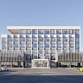 Modern Office Building With Glass Windows Street Lights And Front Parking Lot