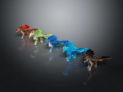 Colorful Game Movie Dragon Characters Arranged in a Row with Metallic Shine 3d model