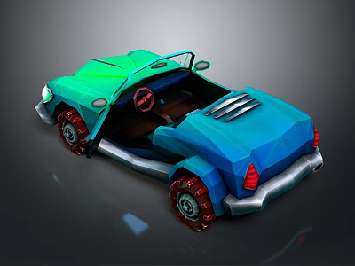 3D Model Convertible Car With Green And Blue Body Low Poly Style Red Rim Wheels 3d model