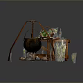 Outdoor Cooking Scene With Hanging Cauldron Wooden Table Bottles Flowers And Grass