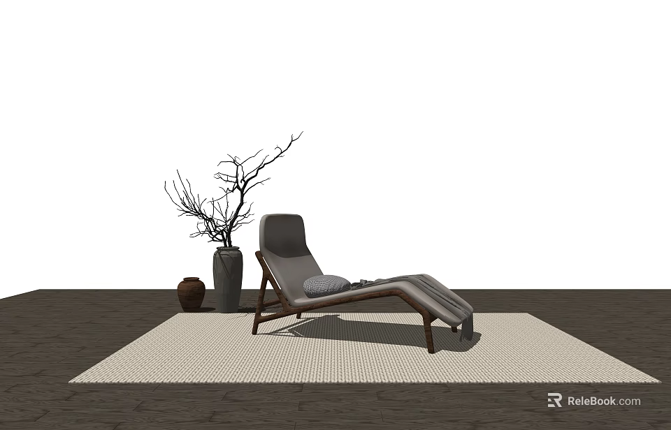 Modern Lounge Chair with Comfortable Cushion on Woven Rug and Decorative Twig Vase 3d model 