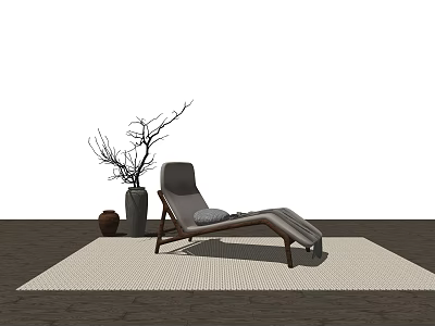 Modern Lounge Chair with Comfortable Cushion on Woven Rug and Decorative Twig Vase 3d model