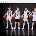 Five Female Basketball Players Leopards in White Jerseys Standing in a Row Holding Basketballs