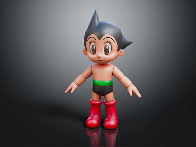 Astro Boy 3D Cartoon Model With Black Spiky Hair Big Eyes Red Boots Green Shorts 3d model