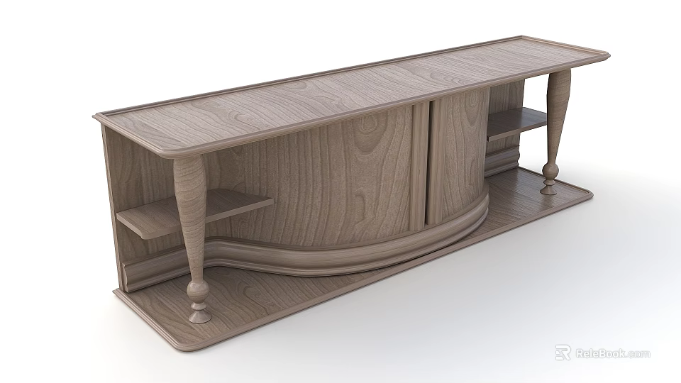Wooden Console Table Light Brown Wood Grain Curved Design With Drawers And Shelves 3d model 