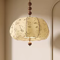 Traditional Chinese Style Chandelier With Cream Floral Shade And Wooden Beads