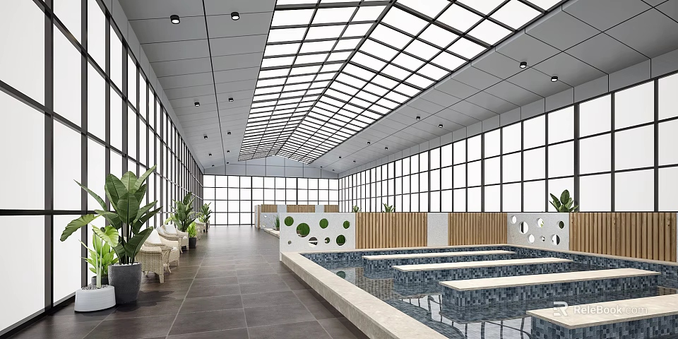 SPA Sauna Interior With Large Glass Windows Indoor Pool Wooden Partitions And Green Plants 3d model 