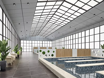 SPA Sauna Interior With Large Glass Windows Indoor Pool Wooden Partitions And Green Plants 3d model