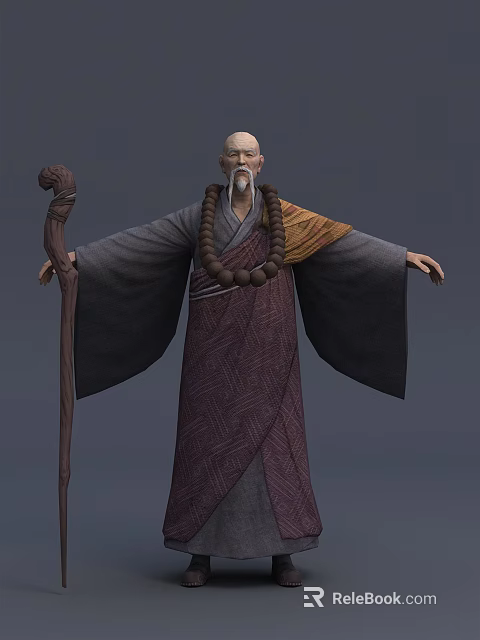 Elderly Monk In Traditional Robe Holding Wooden Staff And Prayer Beads 3d model