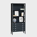 Modern Dark Shelf Cabinet With Metal Frame Multiple Shelves Drawers Picture Frames Vase And Books